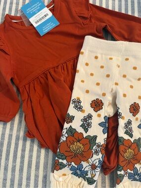 Rust Orange Baby Dress with Floral Knit Leggings